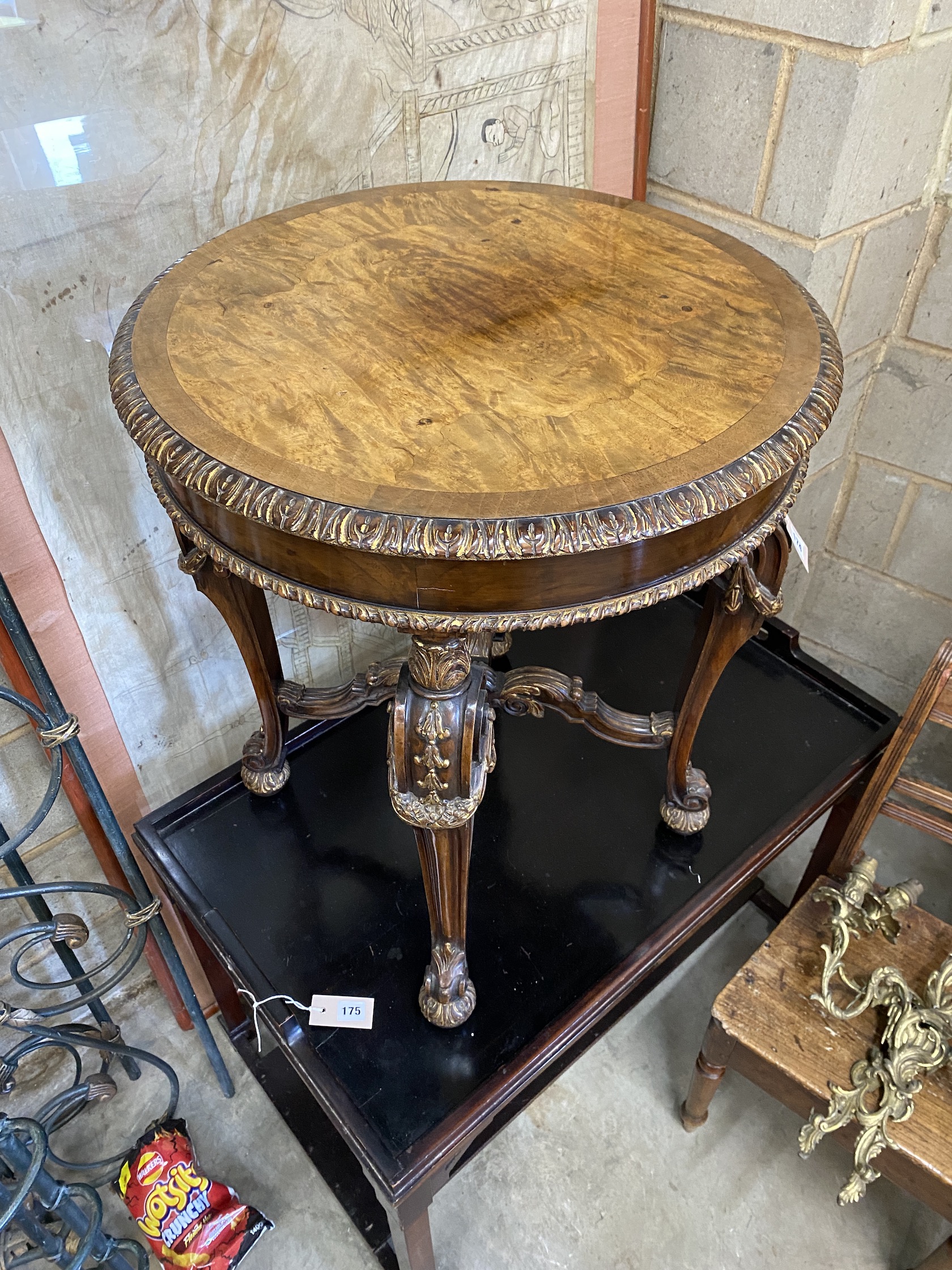 A George II style circular parcel gilt walnut occasional table, diameter 60cm, height 72cm